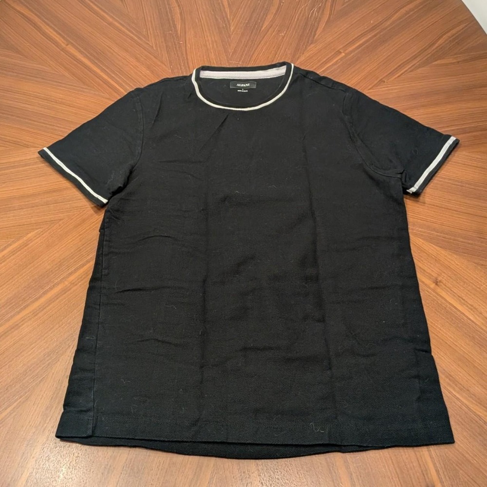 Alfani T-Shirt Men Black Excellent White Trim Crew Neck Short Sleeve Textured L
